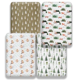 4 Pack Woodland Forest Animals Wood Neutral Unisex Fitted Baby Crib Sheets Set for Baby Boys or Girls (Paint Fox, 52 * 28)