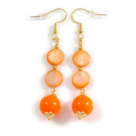 Orange Shell Coin and Bead Dangle Earrings with Gold Tone Spacers and 925 Sterling Silver Hooks – 65mm Drop