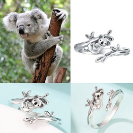 AMBCESSER 925 Sterling Silver Cute Animals Ring Sloth/Highland Cow/Koala/Bat Adjustable Rings Jewelry For Women (Koala)