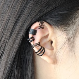 Fanquility 5pcs Sparkling Ear Cuff Gold Non Pierced Ear Cartilage Clip on Wrap Hoop Exquisite Tiny Boho Beach Minimalist Adjustable Multi-layered Fake Earrings for Women Jewelry (Black)