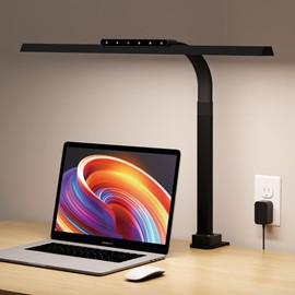 LED Desk Lamps for Home Office, 24W Bright Eye-Caring Light with Clamp, Stepless Dimming Adjustable Flexible Gooseneck Clip on Desk Office Lamp with Adapter for Reading, Study, Workbench,Black
