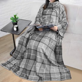 PAVILIA Premium Fleece Blanket with Sleeves for Adult, Women, Men | Warm, Cozy, Extra Soft, Microplush, Functional, Lightweight Wearable Throw (Plaid Light Gray)