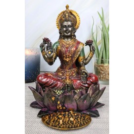 Hindu Goddess Of Prosperity Lakshmi Seated On Lotus Flower Throne Statue 6.25"H