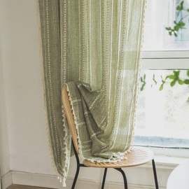 Sutuo Home Boho Curtains for Living Room Farmhouse, Semi-Blackout French Country Striped Linen Vintage Shabby Chic Tassels Hollow Window Treatment Bohemian Drape, 1 Panel 52" W x 90" L Green