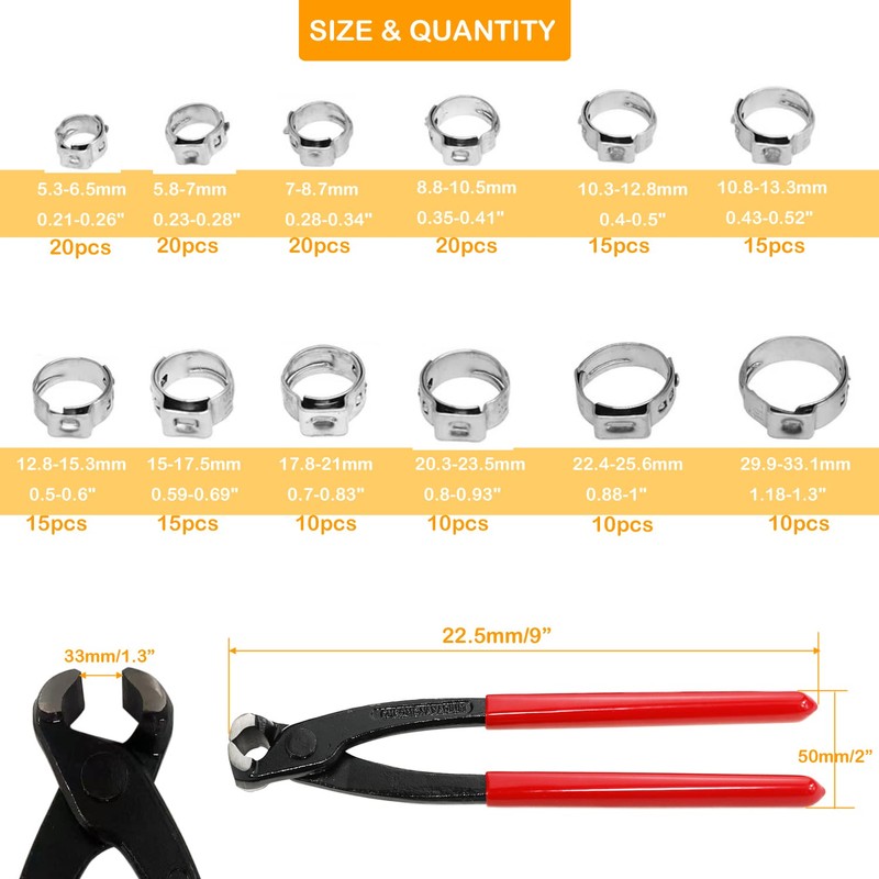 AKIHISA 180 PCS Single Ear Hose Clamps, 12 Sizes 5.3-33.1mm