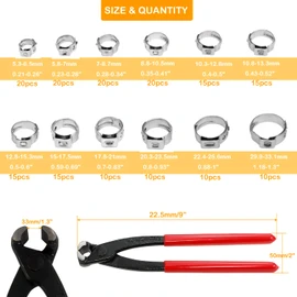 AKIHISA 180 PCS Single Ear Hose Clamps, 12 Sizes 5.3-33.1mm Crimp Hose Clamps with Ear Clamps Pincer, 304 Stainless Steel Crimp Pinch Fitting Tools Kit