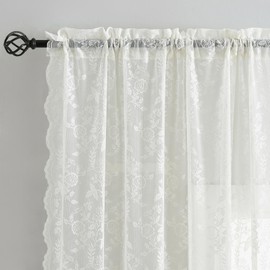 FINECITY Short Lace Curtains 36 Inch Length for Small Window, Rustic Leaf Floral Design Lace Cafe Curtains 2 Panels, Rod Pocket Privacy Sheer Lace Curtains, 42 x 36 Inch, 1 Pair, Ivory
