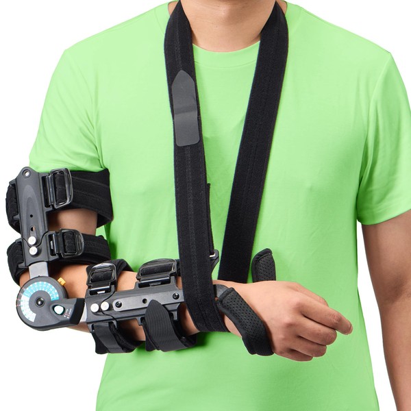 Hinged Elbow Brace with Hand Grip, Adjustable Post OP ROM
