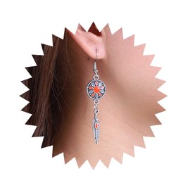 Cimenexe Bohemian Enamel Disc Feather Dangle Earrings Silver Feather Drop Earrings Ethnic Enamel Flower Earrings Tribal Red Feather Hook Earrings Jewellery for Women and Girls Gifts, Zinc, No Gemstone