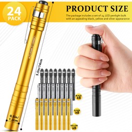 Rossesay 24 Pack Christmas Mini Pen Flashlights Bulk Gifts LED Pen Lights Aluminum Pocket Flashlights with Clips Small Handheld Torches for Men Camping Hiking Emergency Outdoor (Black,Silver,Yellow)