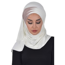 Aisha's Design Hijab Muslim Scarves for Women,%100 Cotton Presewn Jersey Shawl Turban, 2-Color, Ivory - Mink
