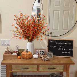 Sggvecsy Fall Artificial Berry Stems 6Pcs Berry Picks Branches Fall Orange Stems Floral Arrangements with Fake Berries or Autumn Thanksgiving Harvest Home Vase Festival Indoor Christmas Decor(Orange)