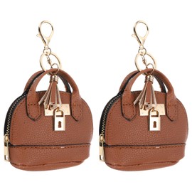 PATIKIL Mini Tote Bag Keychain, 2 Pcs Cute Coin Purse Keychain PU Leather Backpack Purse Key Chain Little Cosmetic Bag Keychains for Women Makeup Card Data Cable, Brown