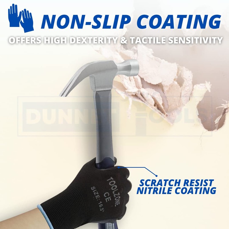 Dunnet Tools Large 10.5" Black Coated Work Gloves - Lightweight