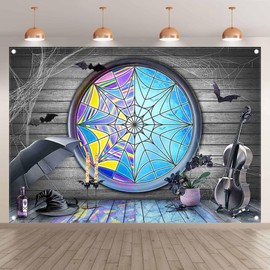 Yriujul Fabric 7x5ft Halloween Spider Web Window Photography Backdrop Horror Gothic Moon Night Bats Wooden Floor Background Kids Boys Girls Party Decorations Photo Props