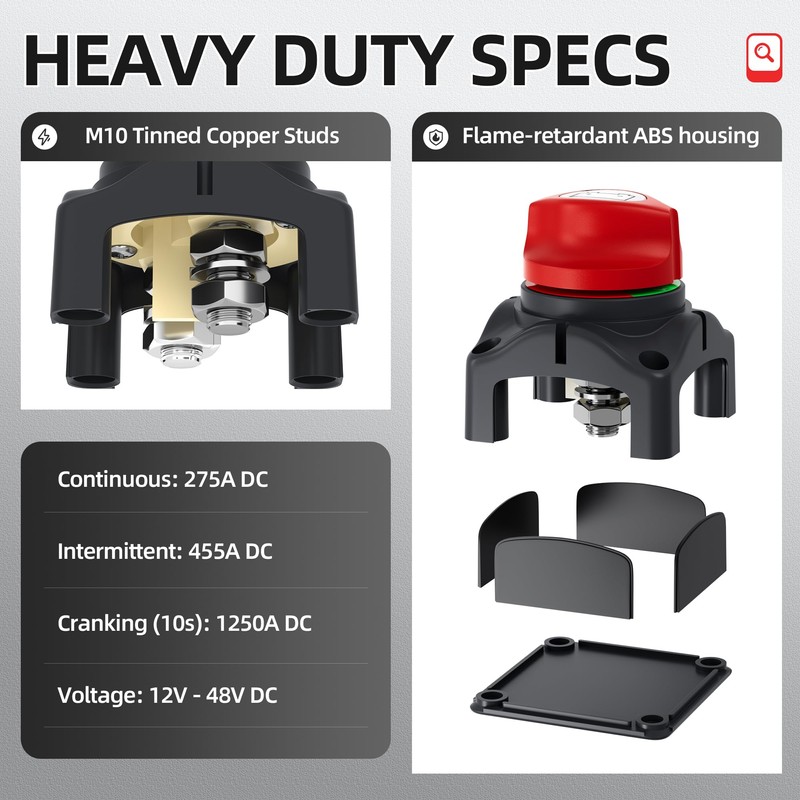 Battery Disconnect Switch with Aluminum Mounting Bracket, 12V-48V Waterproof Marine