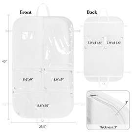 Kntiwiwo Kids Garment Bags for Dance Costumes 40 Inch Dance Costumes Bag, 3 Medium Clear Zipper Pockets and 2 Back Zippered Pockets, with 1 xPendant, 3 x Badge - White
