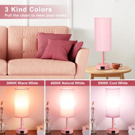 Hong-in Pink Table Lamp with USB-C and USB-A Charging Ports, Pull Chain, Nightstand Lamp for Bedrooms Living Room, LED Bulb Included