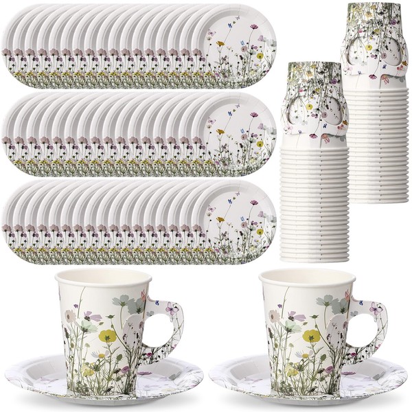 Rtteri 50 Sets Floral Paper Tea Cups and Saucers 9oz
