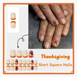 Fall Press on Nails Short Square Fake Nails with Red Yellow Maple Leaf Designs Orange French Tip Glue on Nails Glossy Acrylic False Nail Autumn Leaves Stick on Nail for Women Thanksgiving Manicure