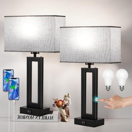 Modern Nightstand Lamps Set of 2 - Touch Control Bedside Table Lamps with USB C&A, 3 Way Dimmable for Bedrooms & Living Room, Gray & Black