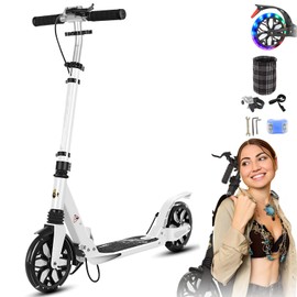 GLDDFDG Commuter Adult Scooter 300 lbs Capacity, Big Wheels Scooters, Sport Folding Kick Scooter for Kids 10 Years and up, 4 Adjustable Levels, Bearing ABEC 9, 15 lbs,White