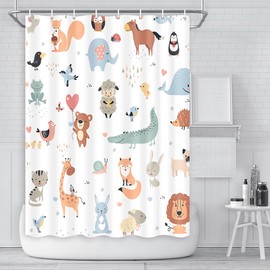 Animal Shower Curtain for Kids, Boho Tropical Animals Shower Curtain Nursery Giraffe Crocodile Hippo Zebra Monkey Cartoon Shower Curtains, Waterproof Bathroom Sets for Children 60X72 Inch
