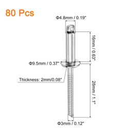 sourcing map 80Pcs 3/16"x5/8" 304 Stainless Steel Dome-Head Blind Rivets, Open-End Type Blind Rivets for DIY, Sheet Metal, Automotive Repairs, Furniture, Boat, and Duct Work (Silver)