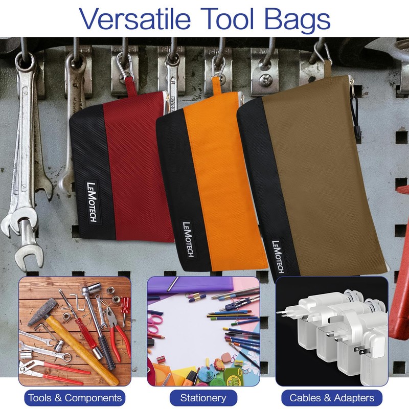 LeMotech Zipper Tool Bag with Carabiners, Water Resistant Stand-Up Utility