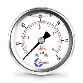 CARBO Instruments 2 1-2" Pressure Gauge, Stainless Steel Case, Chrome Plated Brass Connection, Liquid Filled, 0-60 psi/kPa, Back Mount 1/4" NPT