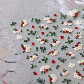 1 Sheets Embossed Flower Nail Stickers for Nail Art Self Adhesive 5D White Flowers Nail Art Stickers Spring Summer Green Leaf Strawberry Floral Nail Decals Design for Women Girl DIY Manicure Decor