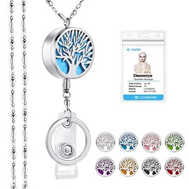 SAM & LORI Retractable Badge Lanyard Necklace for Women Key Card ID Holder Breakaway Silver Chain Nurse Teacher Essential Oil Diffuser Stainless Steel Tree of Life Fashion Beaded Cute Reel