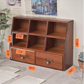 Wooden Desktop Organizer with6 Compartments & 2 Drawers -VintageFarmhouse Office Decor, Mahogany WoodShelves for Study Table Cabinet (DesktopSize)