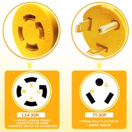 NEMA TT-30P to L14-30R Generator to RV Adapter Cord, 3 Prong 30 Amp to 4 Prong, Generator Transfer Switch Adapter