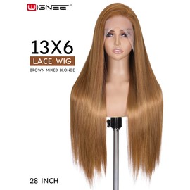 WIGNEE 13x6 Synthetic Lace Front Wig 28" Mixed Brown Wig Pre-Plucked Handmade Lace Front Wigs with Kanekalon Futura Hair Voluminous Long Straight Synthetic Wigs for Daily Party Use