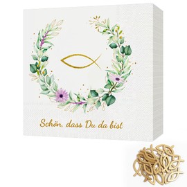 Pack of 20 Napkins and 20 Wooden Fish Decorations "Schön, dass du da bist!", Fish Table Decoration for Christening, Communion, Confirmation or Other Festive Occasions, 33 x 33 cm