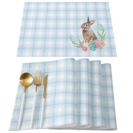 Easter Placemats for Dining Table Watercolor Bunny Eggs Cotton and Linen Table Mats Light Blue White Plaid Heat Resistant Non-Slip Washable Tablemats, Set of 6