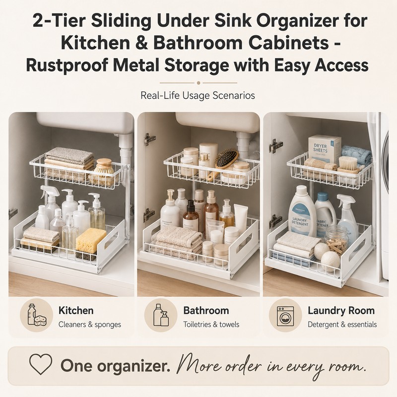2-Tier Sliding Under Sink Organizer for Kitchen & Bathroom Cabinets