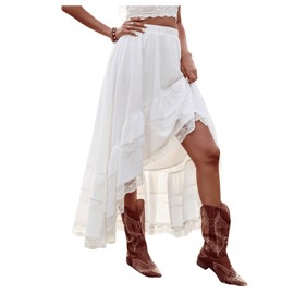 SHENHE Women's Boho Maxi Skirt High Low Asymmetrical Lace Ruffle Hem Flowy Western Skirt, White, Large