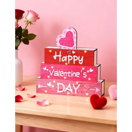 Valentine’s Day Wooden Table Decor with LED Lights, Happy Valentine’s Day Heart Sign, Light Up Wood Centerpiece for Home Tabletop, Shelf and Mantel Decoration