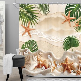 Starfish Beach Coastal Sage Green Palm Tree Sea Bathroom Shower Curtain Set