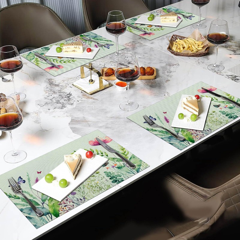 Vinyl Butterfly Floral Green Placemats - Set of 4, Heat