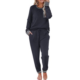 Ekouaer Pajamas Women's Long Sleeve Pj Set Soft 2 Piece Loungewear Sleepwear with Jogger Pants Navy Blue,M