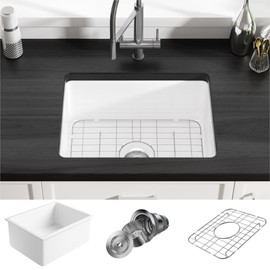 Undermount Kitchen Sink, Eridanus 24" L x 18" W Undermount Kitchen Sink White Ceramic Sink Deep Single Bowl with Bottom Grid and Strainer Drain