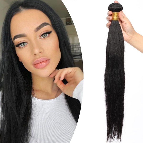 Afro Hair Wefts, Real Brazilian 10A Human Hair, Bundles, Straight Weave, with Closure, 100% Virgin Brazilian Hair, 76 cm, 1 Bundle, Straight, Natural Black