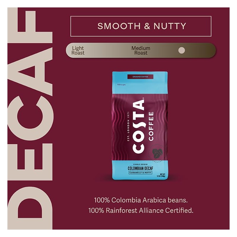 Costa Coffee Ground Coffee, Colombian Decaf Medium Roast, 12oz each,