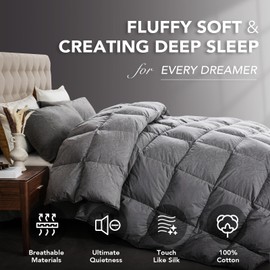 Dreamhood Luxury 90% Goose Feathers Comforter Oversized Queen Size, All Season 100% Cotton Down Duvet Insert, Retro Decoration Medium Warmth Hotel Bed Comforter 8 Corner Tabs (Grey, Queen)