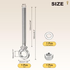 METALLIXITY Shoulder Eye Bolt with Washers & Nuts (M12x120mm) 1Set, 316 Stainless Steel Machinery Lifting Ring Threaded Eye Bolt - for Load Hoisting, Silver
