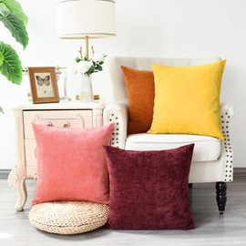 CaliTime Throw Pillow Covers Set of 4 Modern Multi-Color Matching Cozy Soft Chenille Cushion Cases Shells for Couch Sofa Home Decor 18 X 18 Inches Burgundy Burnt Orange Living Coral Mustard Yellow