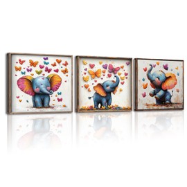 Piy Painting Animal Canvas Print, Cute Elephant as a Wall Painting, Colourful Butterfly Canvas Wall Pictures, Art Prints for Bedroom, Living Room, Cafe, Dining Room, 3 Panels 30 x 30 cm (90 x 30 cm)